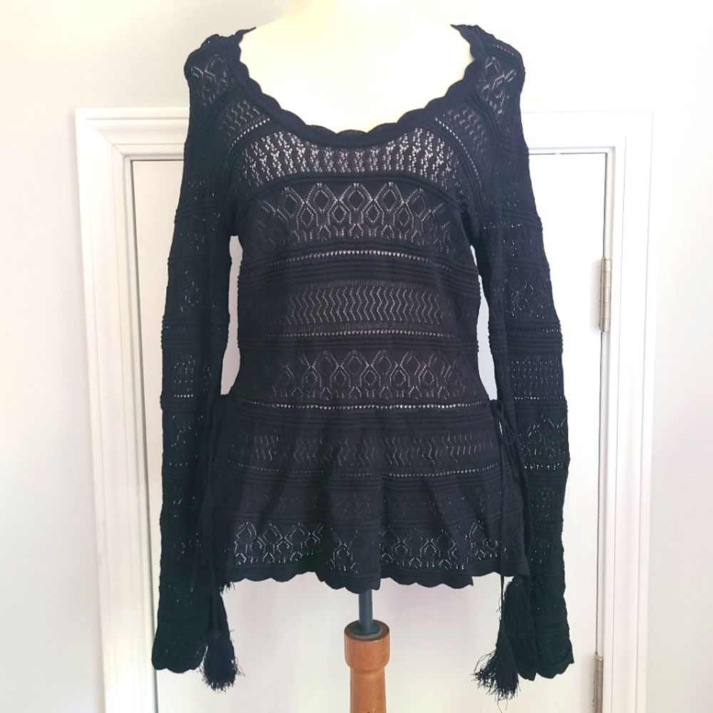 Y2K Bell Sleeve Top Womens Size S Pointelle Boho Fairy Crochet Knit Tunic Blouse